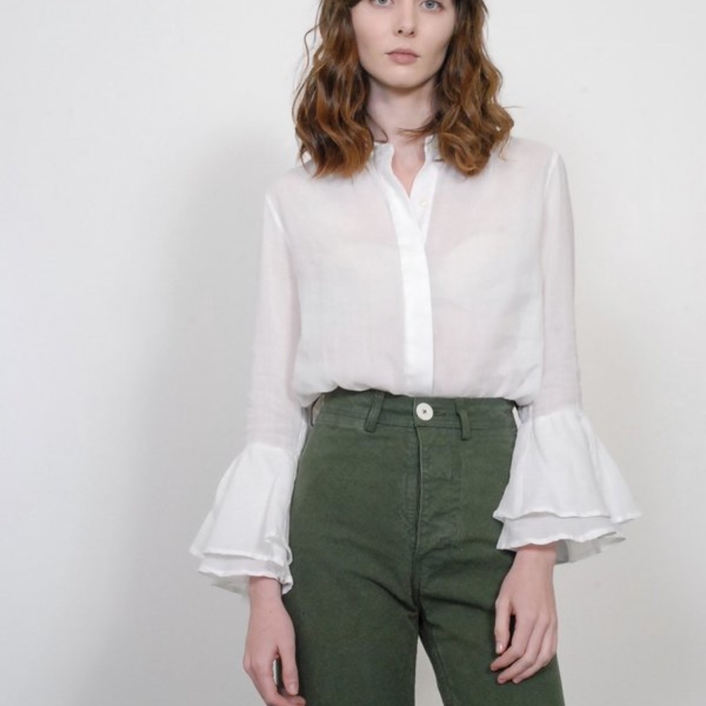 White Ramie + Cotton Bell Sleeve Victorian Boho Blouse S